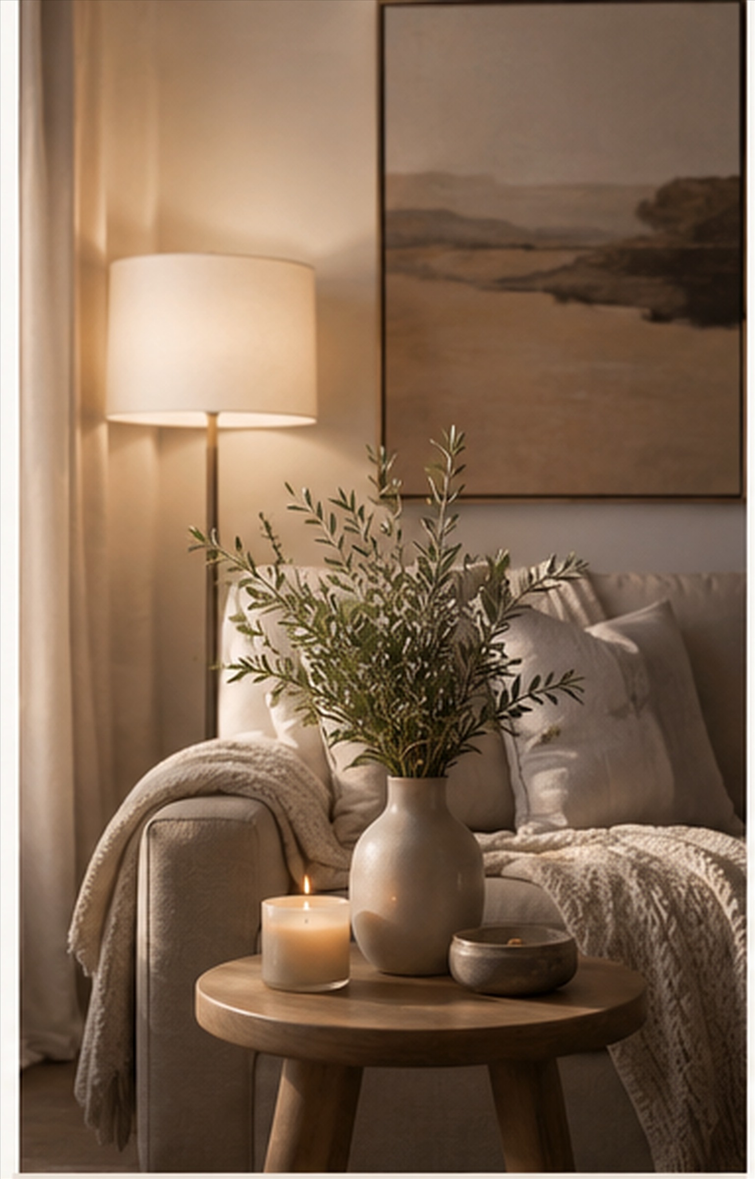 A warm living room with a lit candle, soft throws, and a fresh olive branch beside a sofa.