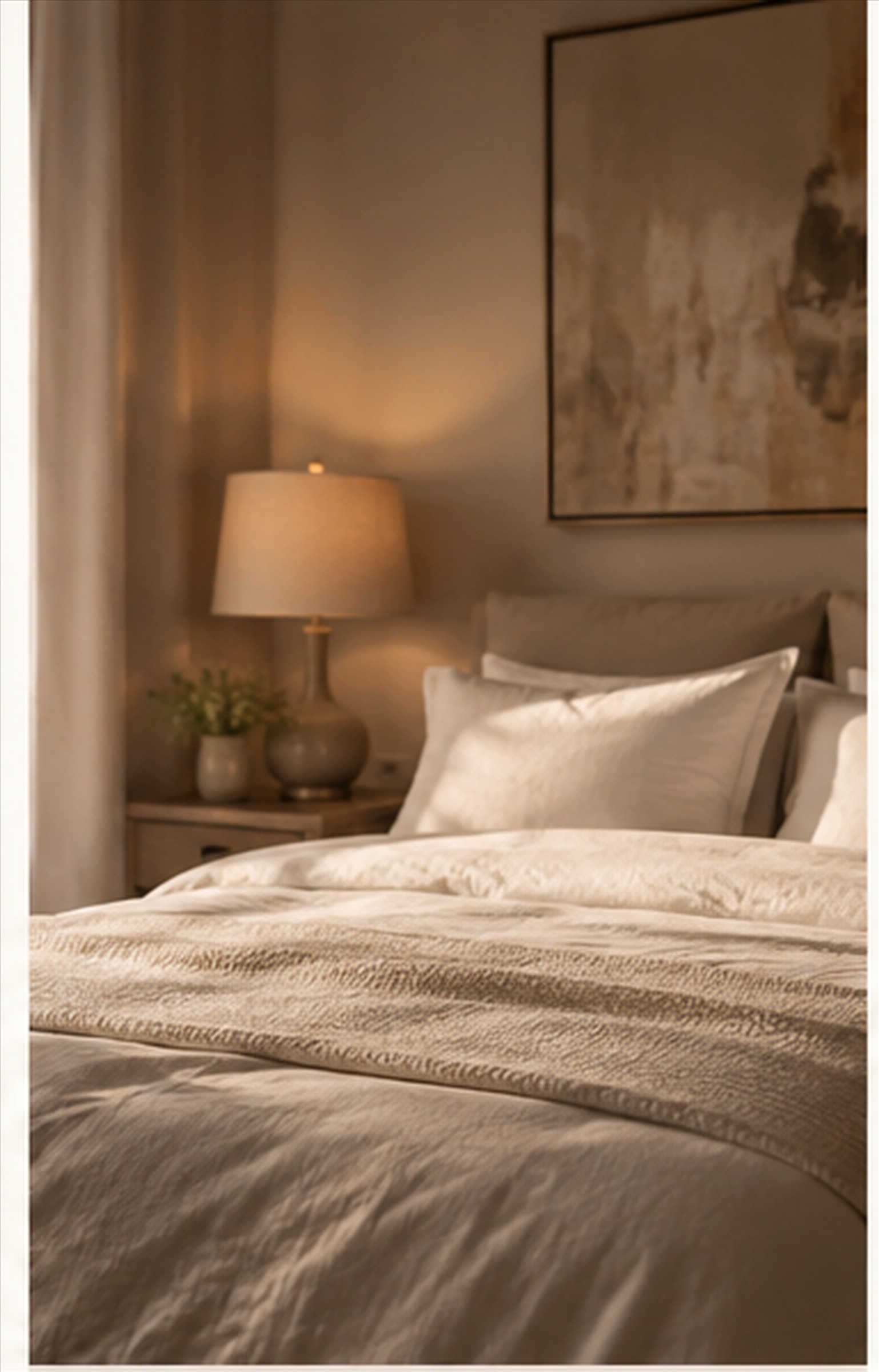 A softly lit bedroom recovery suite with a neatly made bed and layered linens.